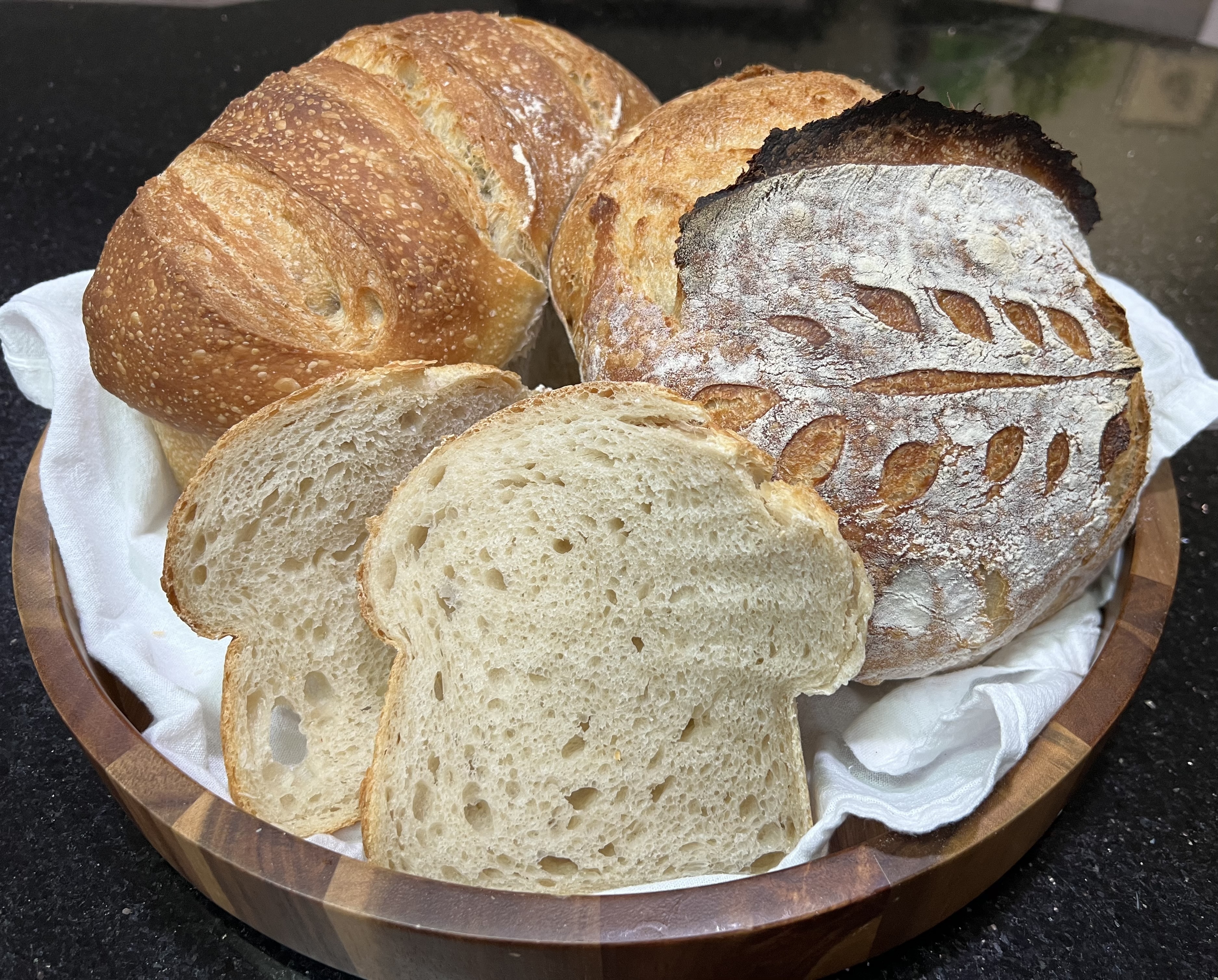 Fresh sourdough loaves and sliced sandwich bread in a basket